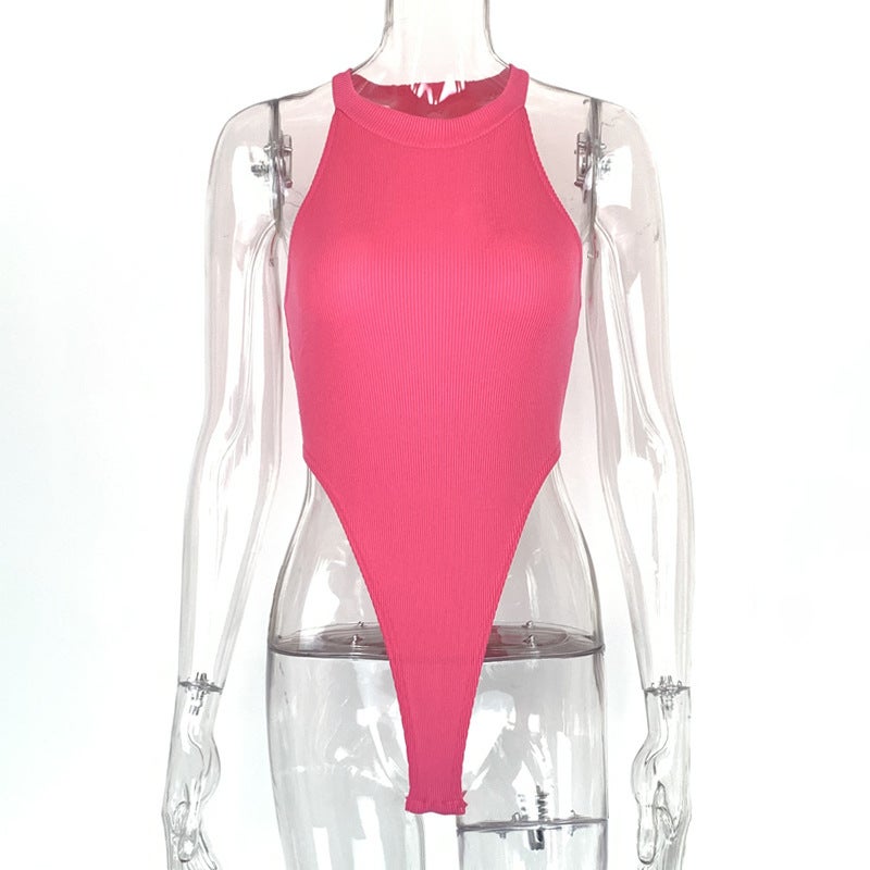 2024 Summer Slim Fit Halter Neck Sleeveless High Slit Bodysuit rose red - Image 1