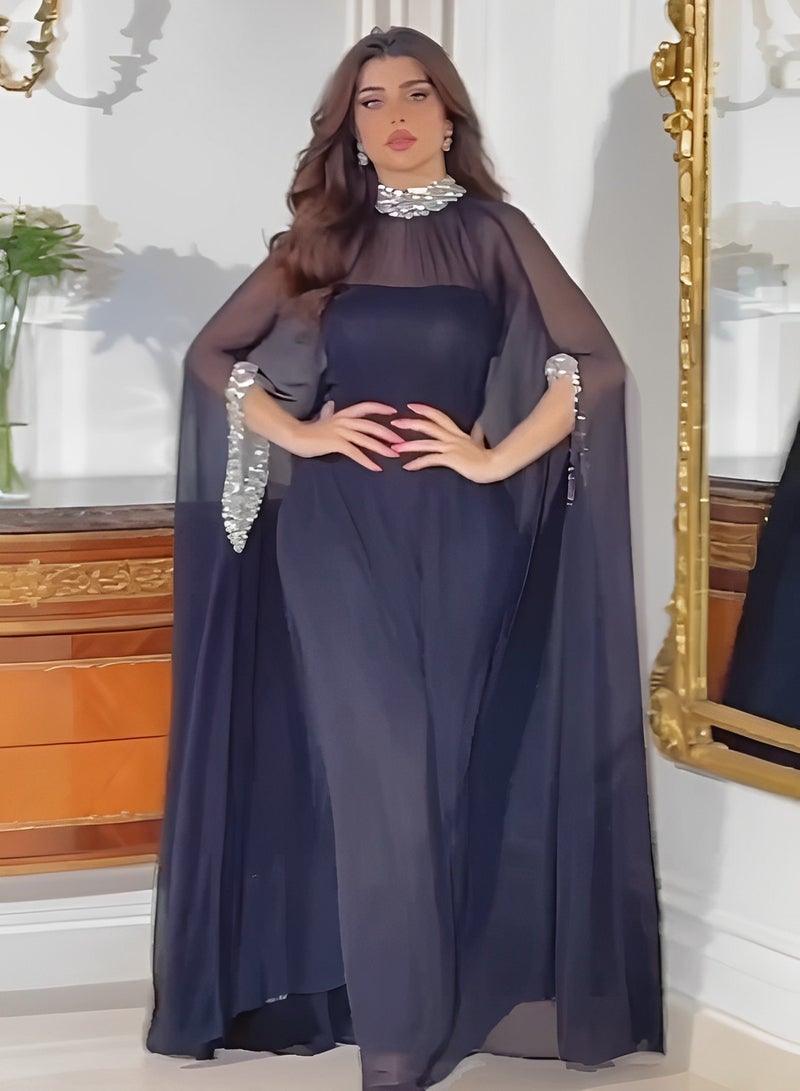 REOCLE Women's Cape Sequined Chiffon Evening Dress 2 Piece Set Long Dress with Half Sleeve Design & Embroidered with Shiny Beads Banquet Dress - Image 3