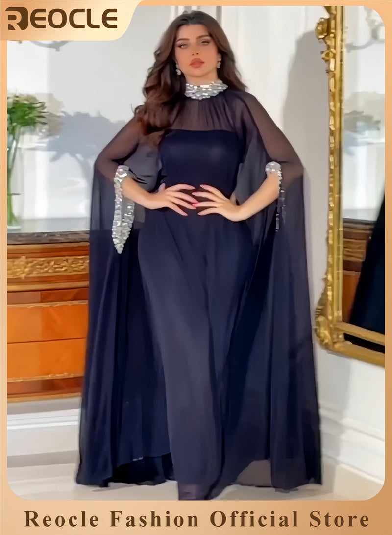 REOCLE Women's Cape Sequined Chiffon Evening Dress 2 Piece Set Long Dress with Half Sleeve Design & Embroidered with Shiny Beads Banquet Dress - Image 1
