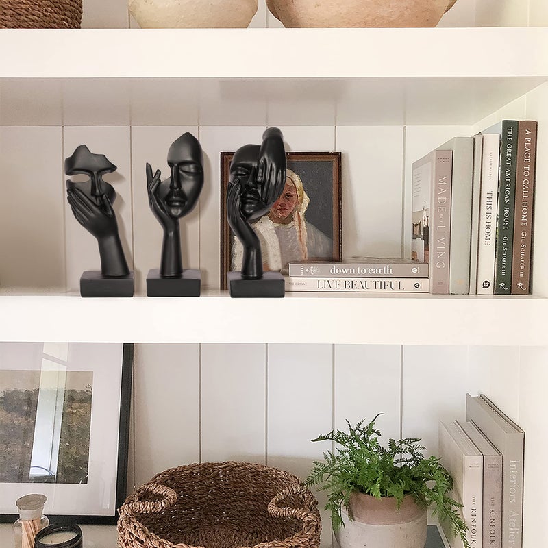 Dawbun 3 Piece Thinker Statue Black Home Decor Abstract Face Sculpture Resin Thinker Figurines for Desktop Office Desk Living Room Table Collection Figurine Decoration Bookshelf Decorative Objects - Image 4