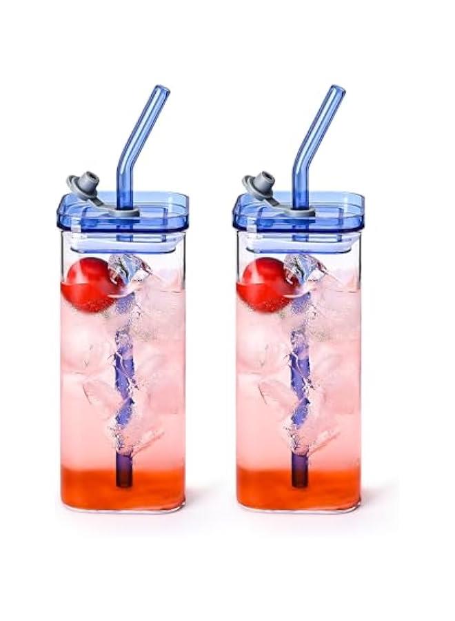 كوبان زجاجيان مع أغطية وشفاطات، كوب قهوة مثلجة، زجاجة زجاجية، 12 أونصة/350 مل، أكواب شرب زرقاء مربعة لمقهى القهوة (زرقاء) - Image 1