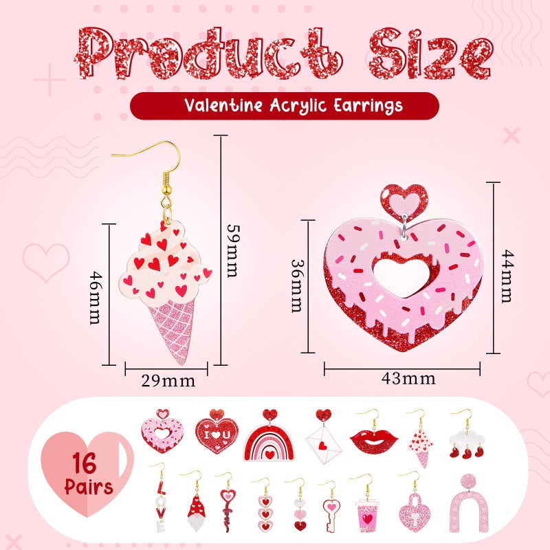 Loetere 16 Pairs Acrylic Valentine'S Day Earrings Teacher Earrings For Women Bulk Valentines Day Gifts For Teachers(Heart) - Image 2