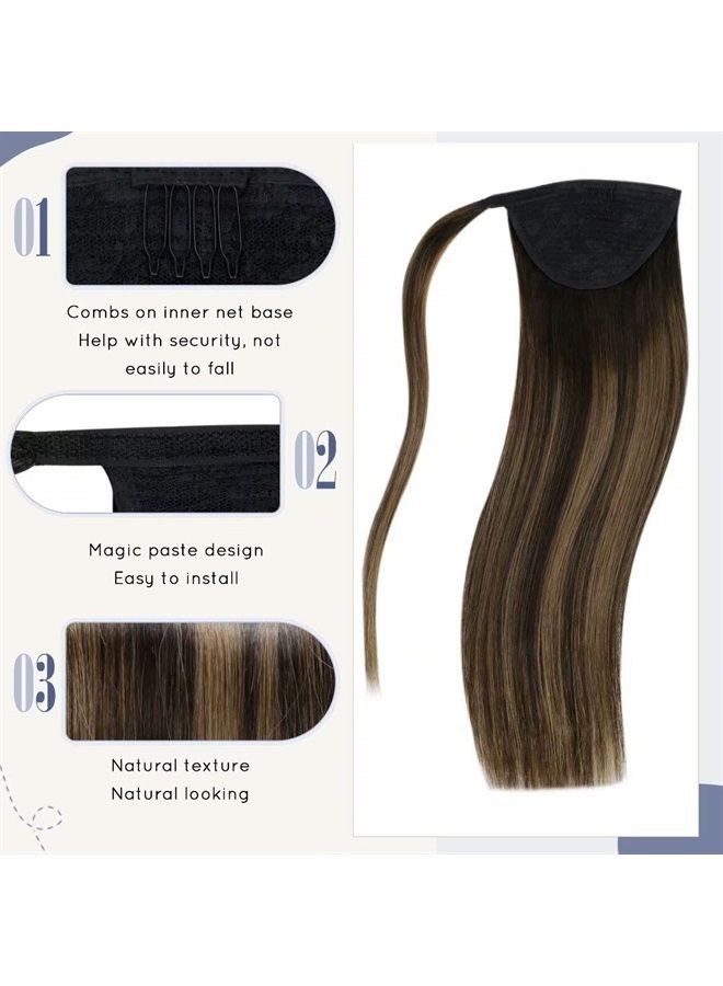 Brown Hair Extensions Ponytail Human Hair 12 Inch 70g Balayage Dark Brown to Light Brown Straight Wrap Around Ponytail Hair Piece Real Hair Extensions