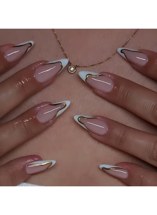 LANGMANNI 24Pcs Nude White French Tip Press On Nails, Long Stiletto Fake Nails with Gold Line, Detachable Reusable Wearable False Nails for Women - Image 1