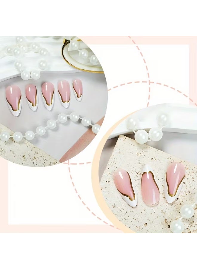 LANGMANNI 24Pcs Nude White French Tip Press On Nails, Long Stiletto Fake Nails with Gold Line, Detachable Reusable Wearable False Nails for Women - Image 2