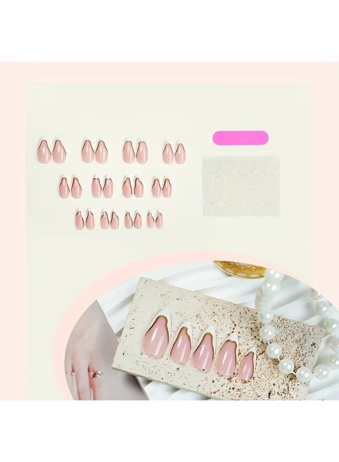 LANGMANNI 24Pcs Nude White French Tip Press On Nails, Long Stiletto Fake Nails with Gold Line, Detachable Reusable Wearable False Nails for Women - Image 4