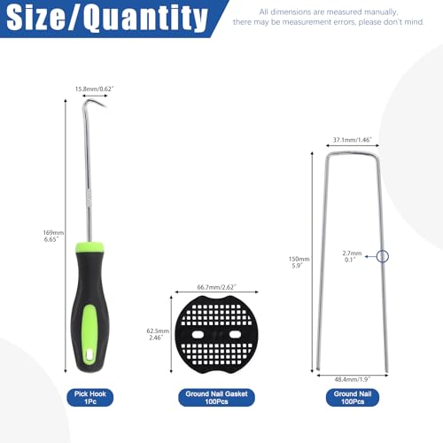 Glarks 201Pcs Garden Stakes Staples Kit, 100Pcs 6 Inch U-Shaped Landscape Staples, 100Pcs Fixing Gasket with 1Pc Pick Hook for Weed Barrier Fabric, Ground Cover, Holding Fence and Artificial Turf - Image 2