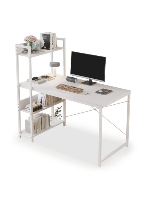 Computer Table  with 4 Tier Shelves for Home Office,Study, or Gaming，Modern Simple Style Writing Desk Table，Ergonomic  110 L x 50cm W x 72cm H, White