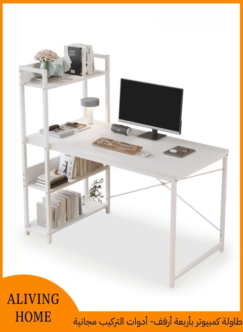 Computer Table with 4 Tier Shelves for Home Office,Study, or Gaming，Modern Simple Style Writing Desk Table，Ergonomic 110 L x 50cm W x 72cm H/120 L x 50cm W x 72cm H, White