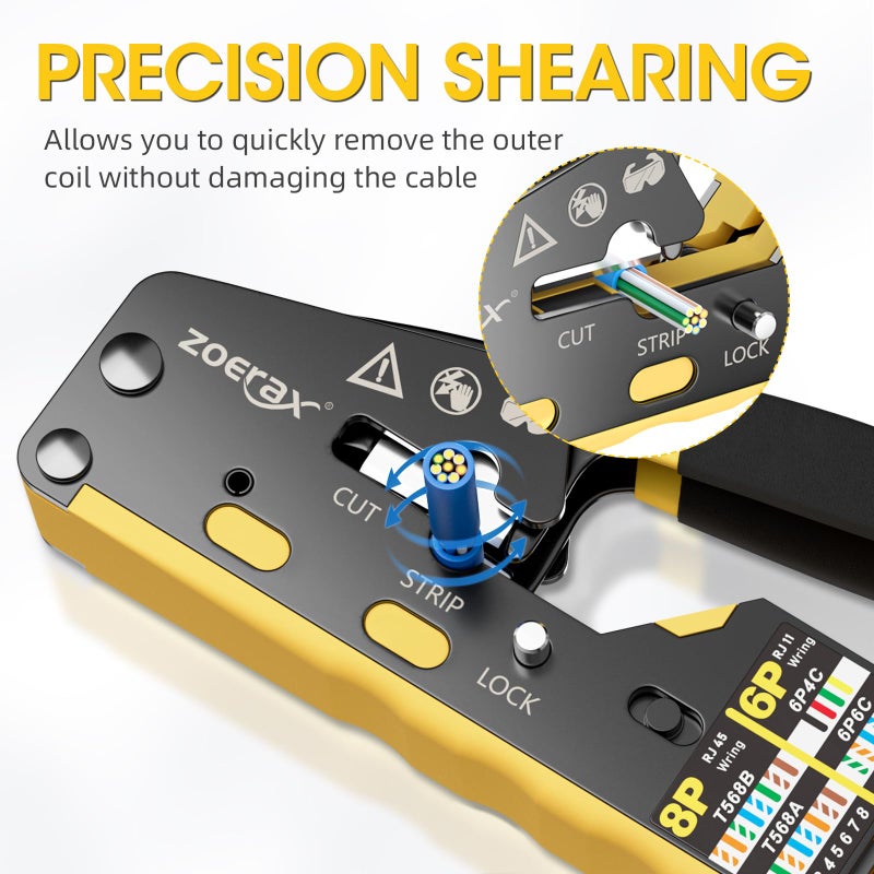 ZOERAX RJ45 Crimping Tool Ethernet Crimp Tool Crimper for RJ11/RJ12 Standard, RJ45 Pass Through Connectors, Yellow - Image 4
