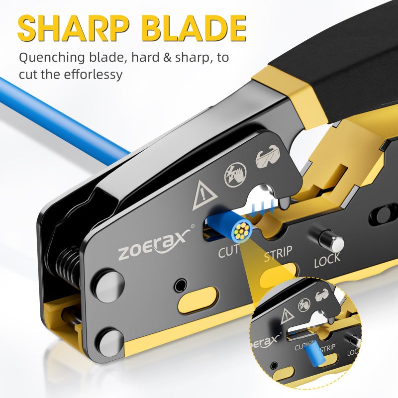 ZOERAX RJ45 Crimping Tool Ethernet Crimp Tool Crimper for RJ11/RJ12 Standard, RJ45 Pass Through Connectors, Yellow - Image 3