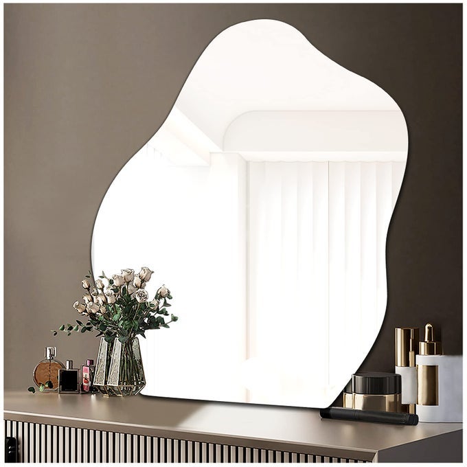 SELF ADHESIVE IRREGULAR MIRROR FRAMELESS GLASS STICK ON WALL MIRROR BATHROOM MIRROR DECORATIVE MIRRORS WALL DECORATION ROOM DECOR FOR DRESSING TABLE BEDROOM FINE GRINDING 38X478CM 1PC