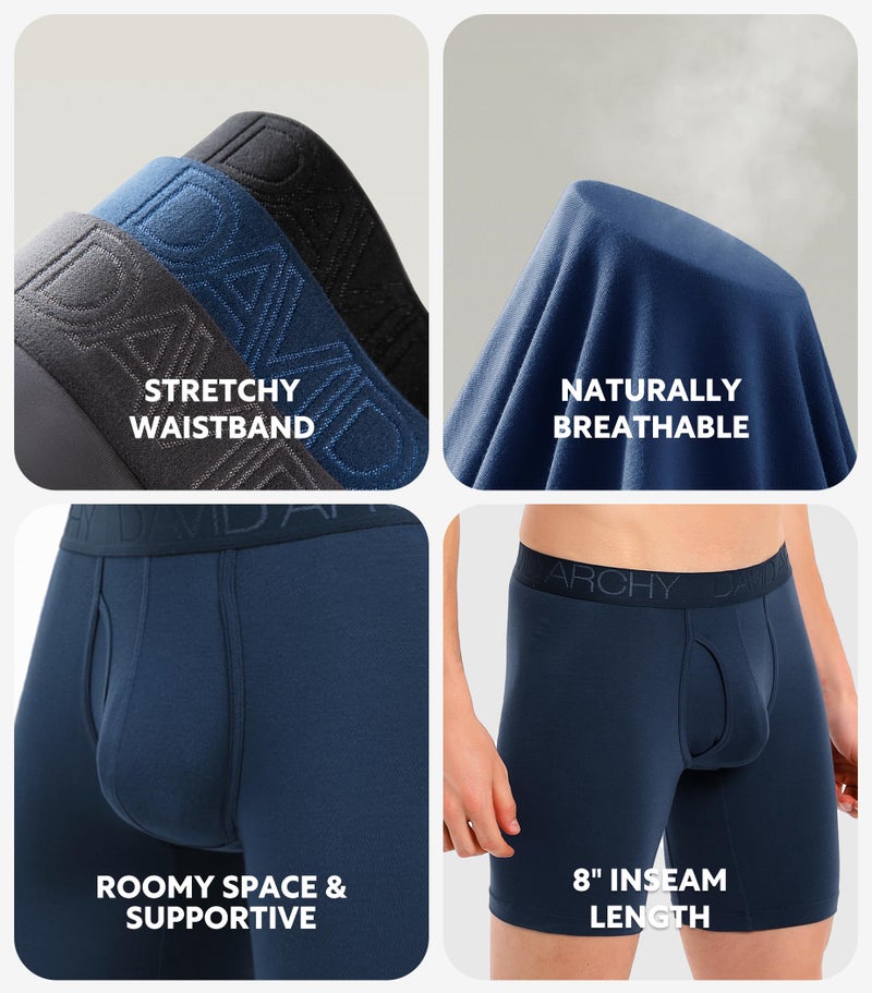 DAVID ARCHY Mens Underwear Boxer Briefs Breathable Soft Moisture-Wicking with Fly Underwear Long Leg 8" for Men 3 Pack (L, Black/Dark Gray/Navy Blue - 8" in 3 Pack) - Image 5