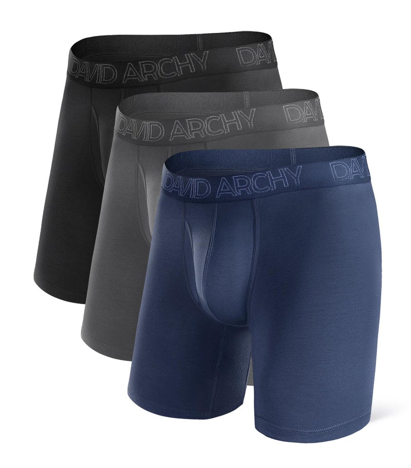 DAVID ARCHY Mens Underwear Boxer Briefs Breathable Soft Moisture-Wicking with Fly Underwear Long Leg 8" for Men 3 Pack (L, Black/Dark Gray/Navy Blue - 8" in 3 Pack) - Image 1