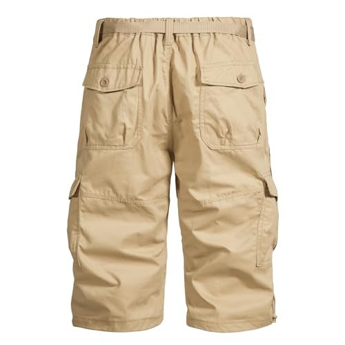 Mylldey Men's Cargo Shorts 3/4 Relaxed Fit Mens Running Shorts 7 Pockets Elastic Waist Cotton Hiking Shorts (Khaki, L) - Image 2