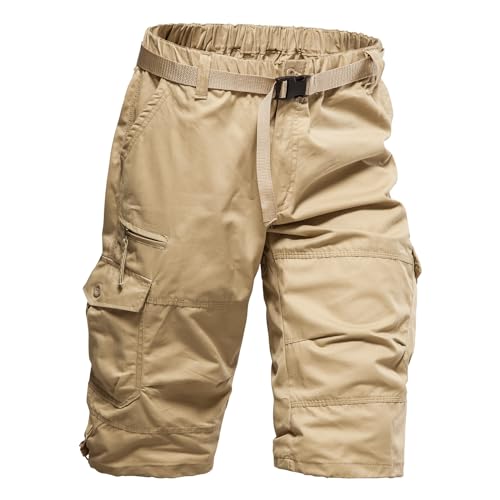 Mylldey Men's Cargo Shorts 3/4 Relaxed Fit Mens Running Shorts 7 Pockets Elastic Waist Cotton Hiking Shorts (Khaki, L) - Image 5