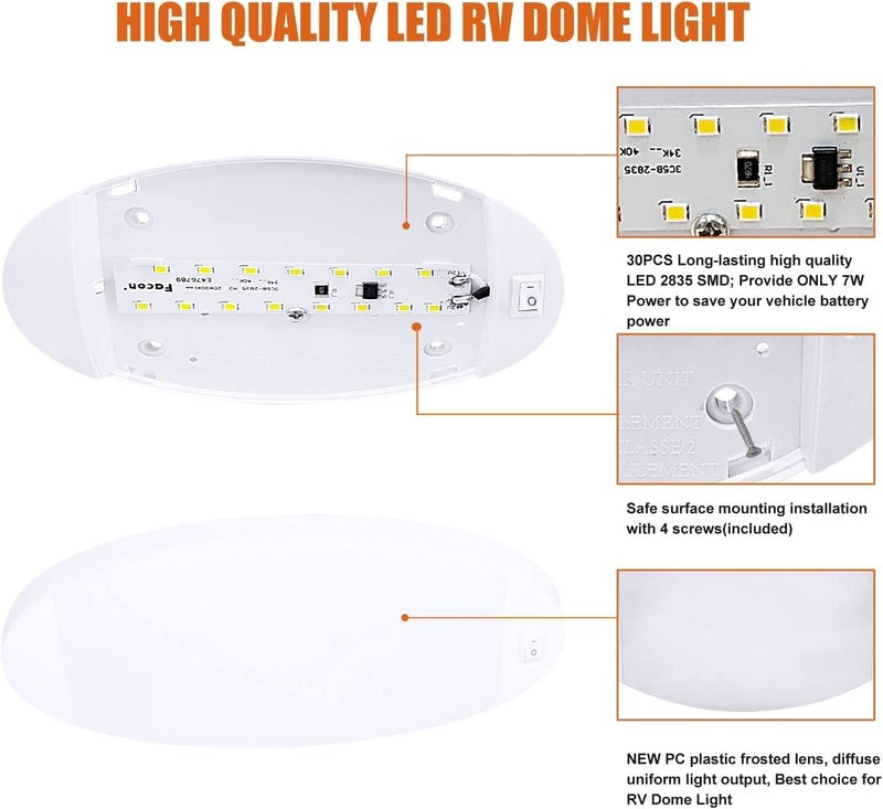 FACON 12V Bright RV LED Interior Light with Switch, Length: 9-1/4'', DDS01-608, Oval Pancake Ceiling Light Surface Mount, for RVS, Camper, Boat, Tiny Homes, cETL Certified - Image 3