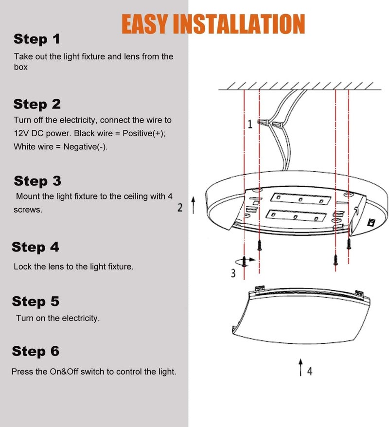 FACON 12V Bright RV LED Interior Light with Switch, Length: 9-1/4'', DDS01-608, Oval Pancake Ceiling Light Surface Mount, for RVS, Camper, Boat, Tiny Homes, cETL Certified - Image 5