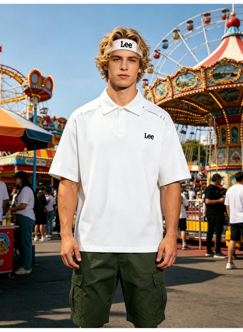 Lee shoulder pressure line Polo shirt for men and women in summer loose heavy cotton lapel short sleeve couple casual shirt. - Image 1