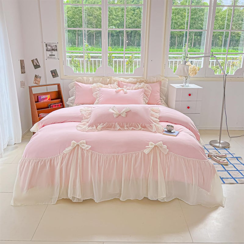 SOUKECHY Girls Lace Bedding Queen Comforter Cover Set  Chic Ruffled Duvet Cover with Lovely Bow Princess Style 1 Duvet Cover with 2 Pillowcases  No Comforter-Pink Queen Size - Image 1