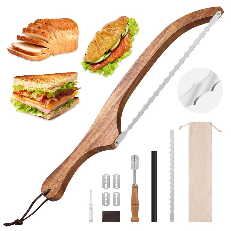 Mooues Bread Knife Set Acacia Wood157  Double Serrated Bread Knife for Homemade Bagels Baguettes and More  Sourdough Bread Slicer Cuts Thin Even Slices  Premium Stainless Steel