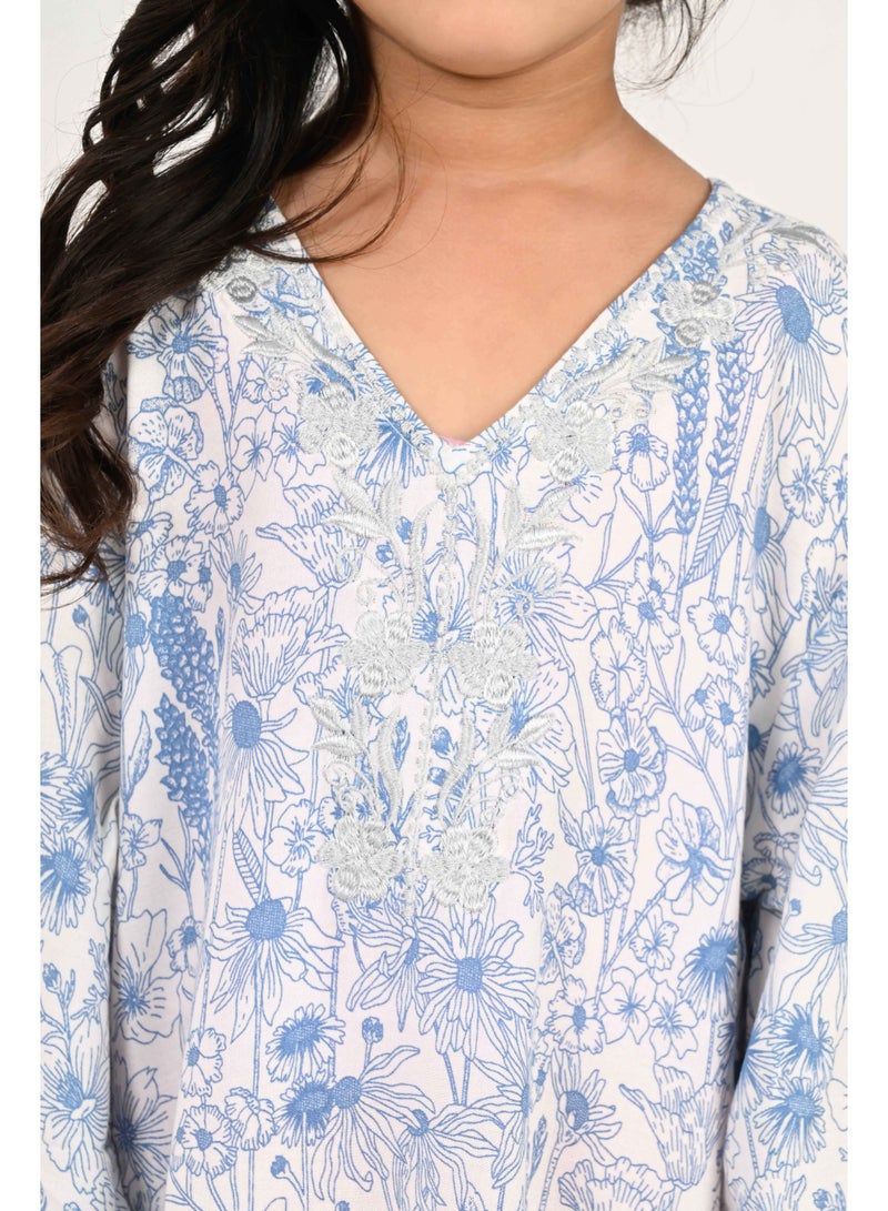 Linelle Kids Jalabiya – White Base with Blue Florals and Embroidered Neckline - Image 2