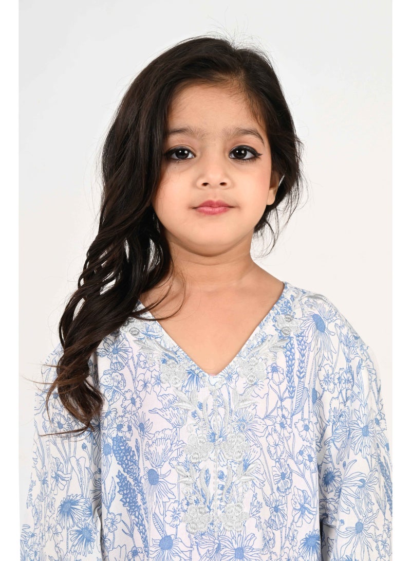 Linelle Kids Jalabiya – White Base with Blue Florals and Embroidered Neckline - Image 1