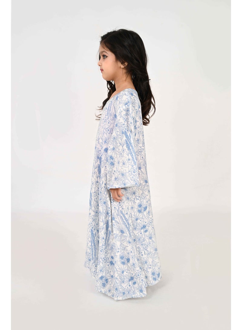 Linelle Kids Jalabiya – White Base with Blue Florals and Embroidered Neckline - Image 3