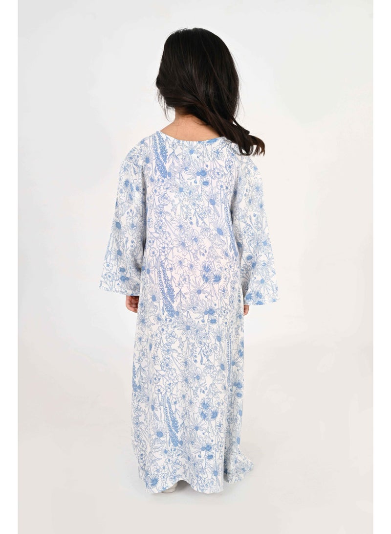 Linelle Kids Jalabiya – White Base with Blue Florals and Embroidered Neckline - Image 4
