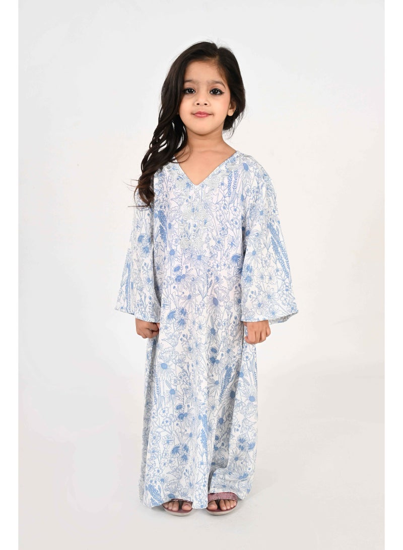 Linelle Kids Jalabiya – White Base with Blue Florals and Embroidered Neckline - Image 5