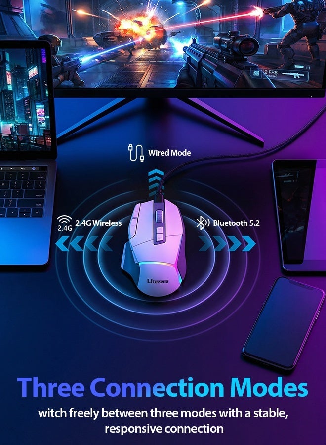 Utezena Gaming Mouse Wireless Triple Mode with Adjustable 24000 DPI Optical Sensor 10 Programmable Buttons RGB Lighting Ergonomic Superlight Anti-Slip Design BT 2.4Ghz Wired for PC MAC Everyday Use - Image 3