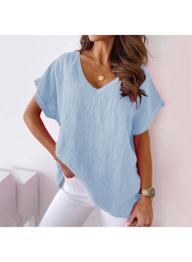Summer European And American Popular Plus Size Women's Clothing Solid Color V-neck Cotton And Linen Casual Bat Short Sleeve T-shirt For Women 