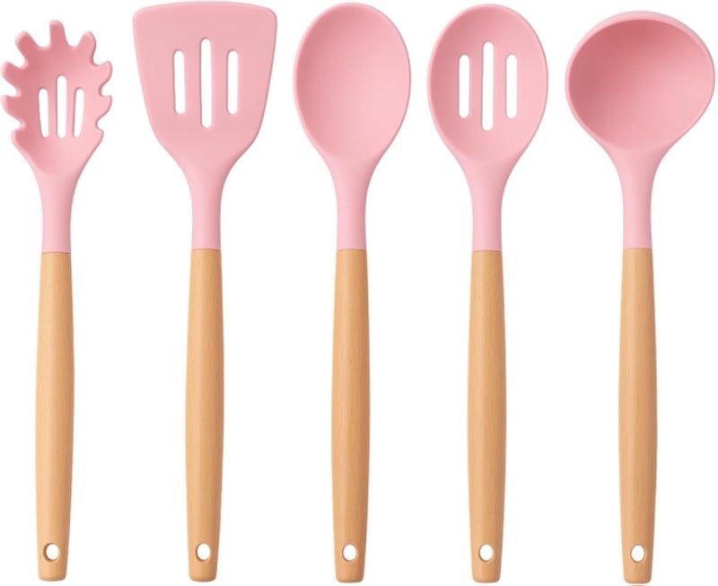 Silicone Kitchen Utensil Set - Heat Resistant to 446Â°F, Includes Ladle, Spatula, Turner, Spaghetti Spoon. Wooden Handles, Kitchen Utensil Set for Nonstick Cookware (BPA Free) (6 Pieces). (Pink)