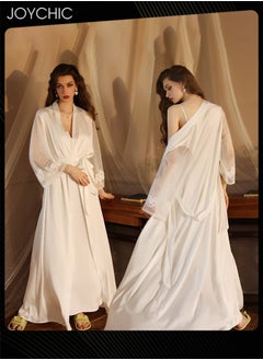 Joychic Autumn and Winter Nightgown Extended Satin Pajamas Sleep Robe+Suspender Dress Cuff Dot Mech Design V-neck Sleepwear with Adjustable Belt for Women White  - Image 1