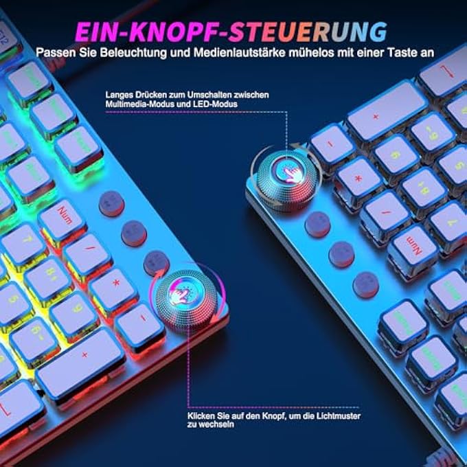 rayihni GAMING MECHANICAL KEYBOARD - PROGRAMMABLE GAMER WITH MAGNETIC WRIST REST, RED SWITCH, 19 LED MODES, MULTIMEDIA KEYS, PC WITH CABLE, QWERTZ DE LAYOUT, WHITE - Image 2