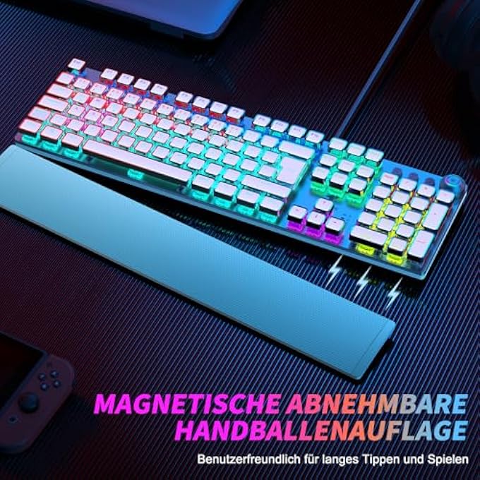 rayihni GAMING MECHANICAL KEYBOARD - PROGRAMMABLE GAMER WITH MAGNETIC WRIST REST, RED SWITCH, 19 LED MODES, MULTIMEDIA KEYS, PC WITH CABLE, QWERTZ DE LAYOUT, WHITE - Image 3