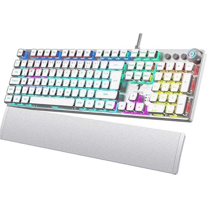 rayihni GAMING MECHANICAL KEYBOARD - PROGRAMMABLE GAMER WITH MAGNETIC WRIST REST, RED SWITCH, 19 LED MODES, MULTIMEDIA KEYS, PC WITH CABLE, QWERTZ DE LAYOUT, WHITE - Image 1