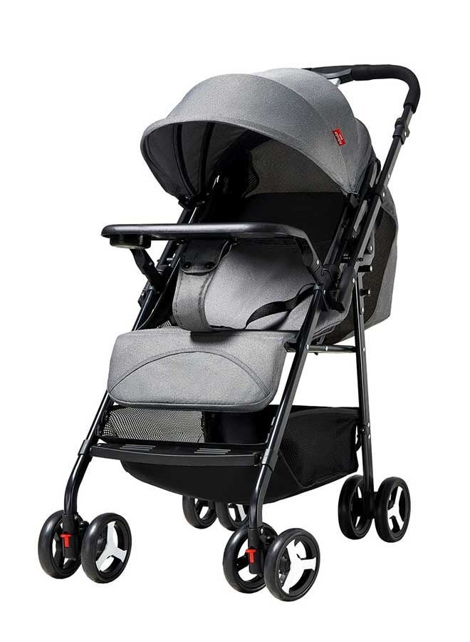 Gray Two-Way Stroller, One-Hand Folding, 5-Point Safety Harness, 3-Mode Seat Adjustment, Rear Brake and Front Suspension, Large Storage Basket – Lightweight Travel Baby Stroller for Newborns & Toddlers