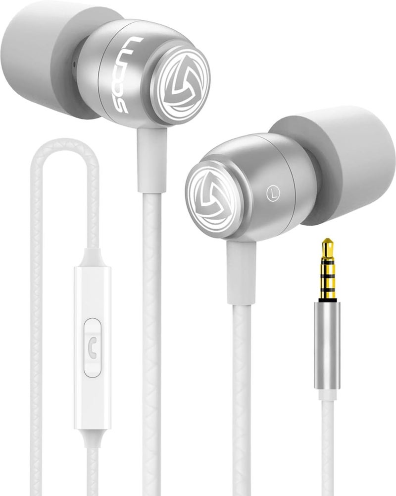 LUDOS Clamor Wired Earbuds in-Ear Headphones, 5 Years Warranty, Earphones with Microphone, Noise Isolating Ear Buds, Memory Foam for iPhone, Samsung, School Students, Kids, Women, Small Ears - White - Image 1