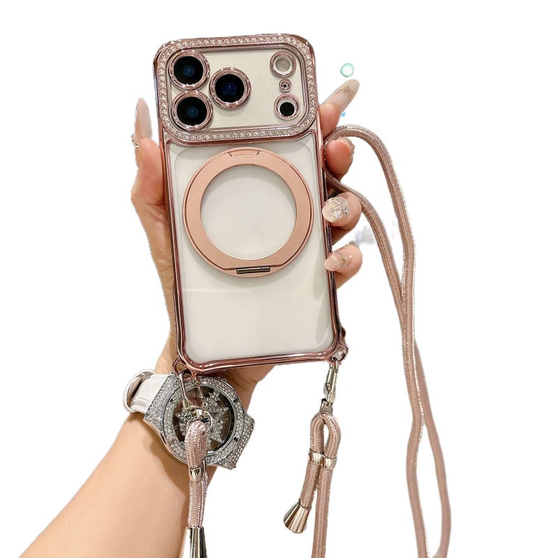BB غطاء MagSafe بAcrylic لـ iPhone 15 / 15 Plus / 15 Pro / 15 Pro Max مع حماية من السقوط وحامل قائم مع مقاوم للصدمات مع مغناطيس قوي مع حامل دوار قابل للطي باللون وردي مغناطيسي بوظيفة. - Image 1