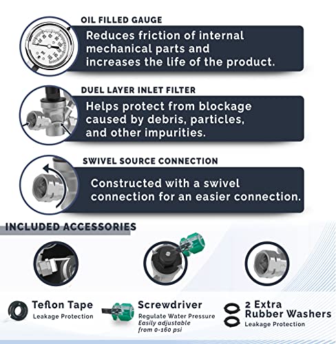 Morvat Premium Lead-Free Nickel Plated Brass RV Water Pressure Regulator Adjustable Valve with Oil Filled Gauge for Camper, Includes Screwdriver, Roll Of Teflon Tape & 2 Extra Rubber Washers - Image 3