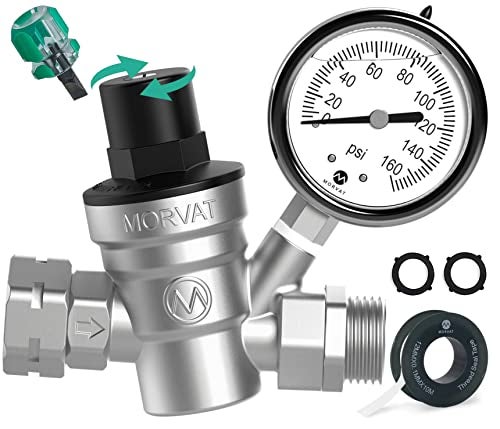 Morvat Premium Lead-Free Nickel Plated Brass RV Water Pressure Regulator Adjustable Valve with Oil Filled Gauge for Camper, Includes Screwdriver, Roll Of Teflon Tape & 2 Extra Rubber Washers - Image 1