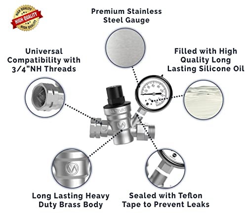 Morvat Premium Lead-Free Nickel Plated Brass RV Water Pressure Regulator Adjustable Valve with Oil Filled Gauge for Camper, Includes Screwdriver, Roll Of Teflon Tape & 2 Extra Rubber Washers - Image 4