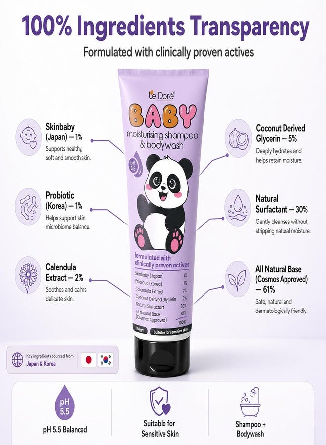 Le Dore Baby Moisturising Shampoo & Body Wash | Suitable For Baby’s Delicate Skin | With Japanese & Korean Ingredients | Tear-Free, Hypoallergenic, Sulfate & Paraben-Free | COSMOS Approved | 150g - Image 4