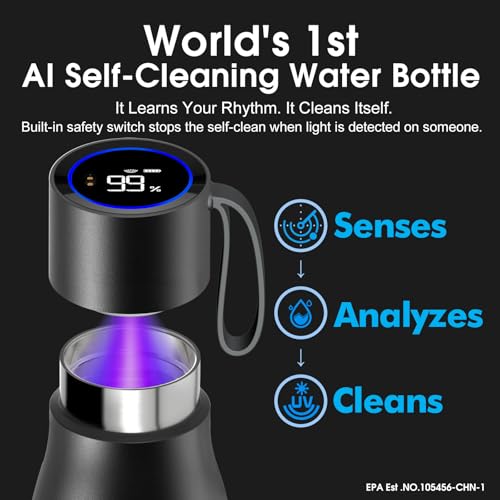 VSITOO 15oz Mini Smart Water BottleSelfCleaning Insulated Bottle Small Thermoses with AI App Touchscreen Perfect Purse Water Bottle for Travel Gym Office Black - Image 3