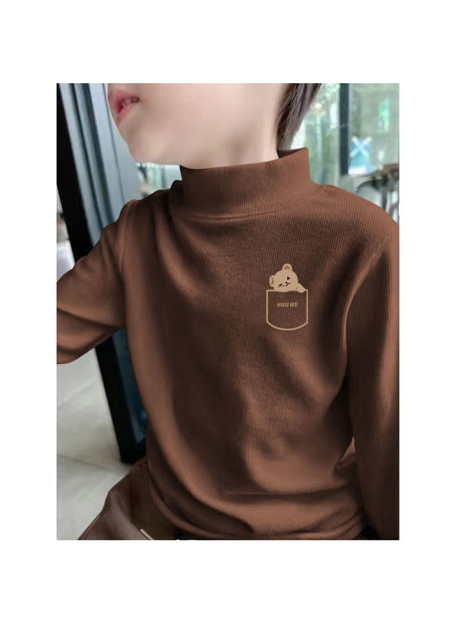 Cartoon Printed Long-sleeved T-shirt For Boys And Girls, Autumn And Winter Baby New Warm Inner Layering Velvet Half Turtleneck Bottoming Shirt
