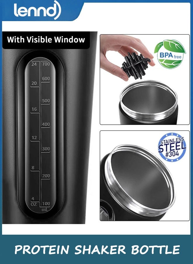 لينند زجاجة شاكر البروتين ، زجاجات شاكر 800 مل لمزيجات البروتين وما قبل التمرين ، نافذة مرئية ، زجاجة شاكر الفولاذ المقاوم للصدأ دليل على تسرب (أسود) - Image 4