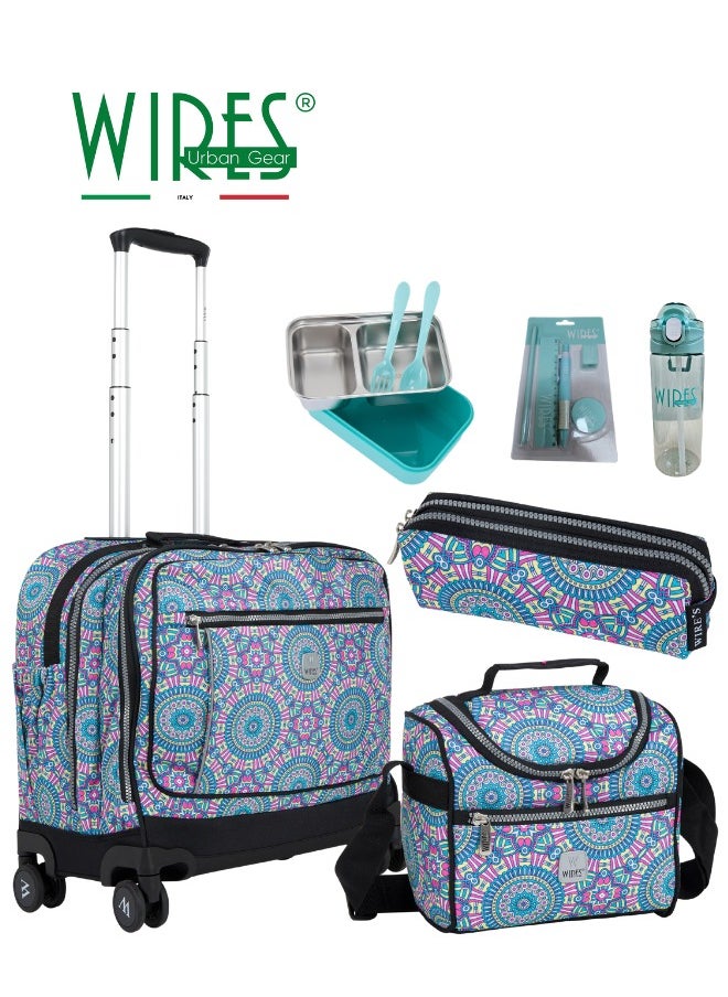 Wires 3 Piece Kids School Trolley Bag laptop compartment 8 Wheels With Lunch bag & Pencil Case  - Image 1