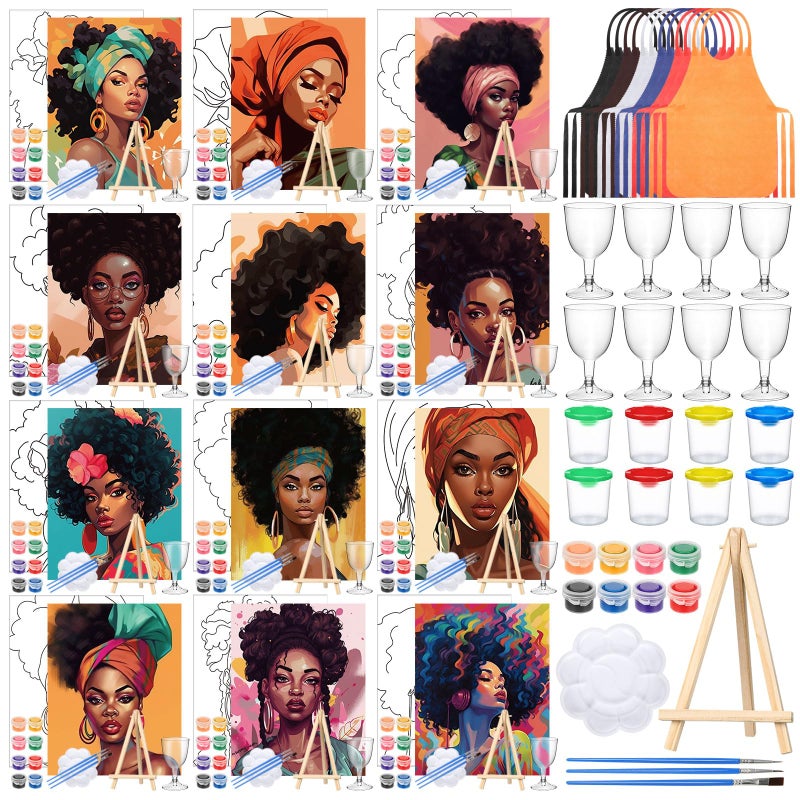 Sherr 96 Pcs 12 Sets Pre Drawn Canvas Kit for Painting Craft Sip and Paint Kit for Adults Pre Printed Canvas Painting Favor for DIY Birthday Gifts Adult's Date Party, 8 x 10 Inches(Lady) - Image 1