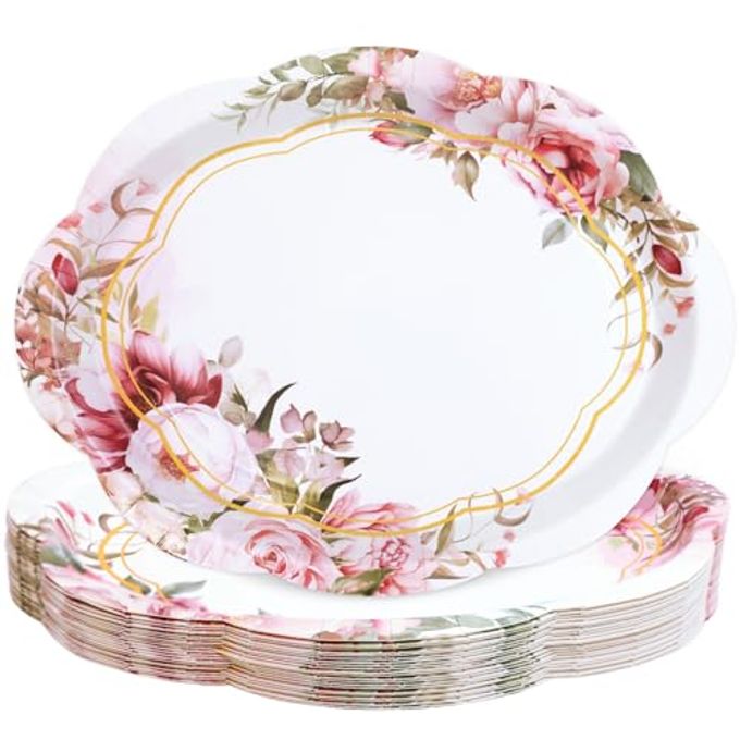 Fancy Land 24 Pcs Floral Oval Paper Plates 10 x 12 Inches Spring Disposable Dinner Platters Heavy Duty Dinnerware Bulk Tea Party Wedding Supplies Decor